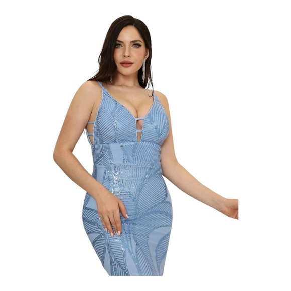 Light Baby Blue Sequin Stretch V-Neck Dress Gown Sz XL NWT - Picture 3 of 11